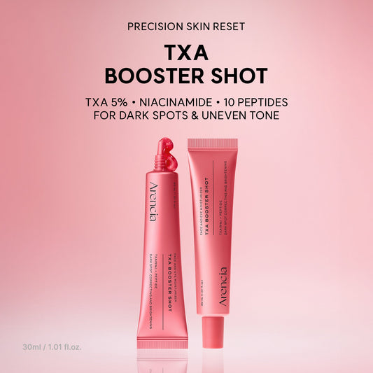 ARENCIA TXA Booster Shot 30ml bottle, clear liquid supplement in a small plastic container with a white cap.