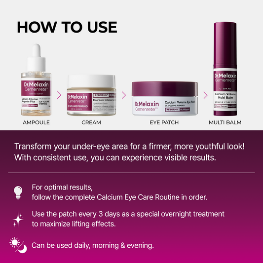 Dr.Melaxin Calcium Eyecare Routine Set with eye drops, cream, and applicator bottles for eye health and hydration.
