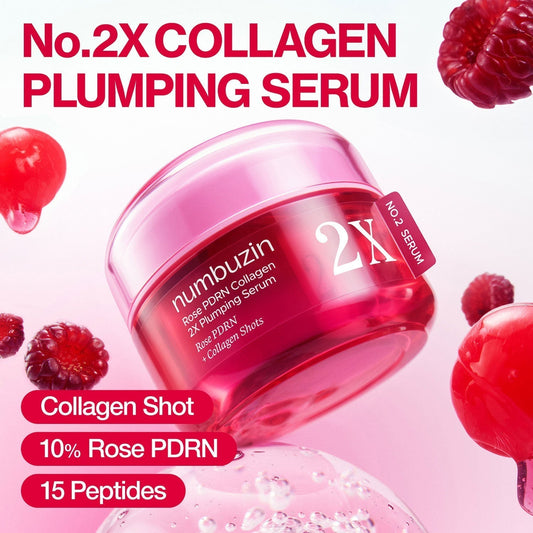 Numbuzin No.2 Rose PDRN Collagen 2X Plumping Serum and Collagen Shot in a 30ml bottle, designed for facial skin hydration and rejuvenation.