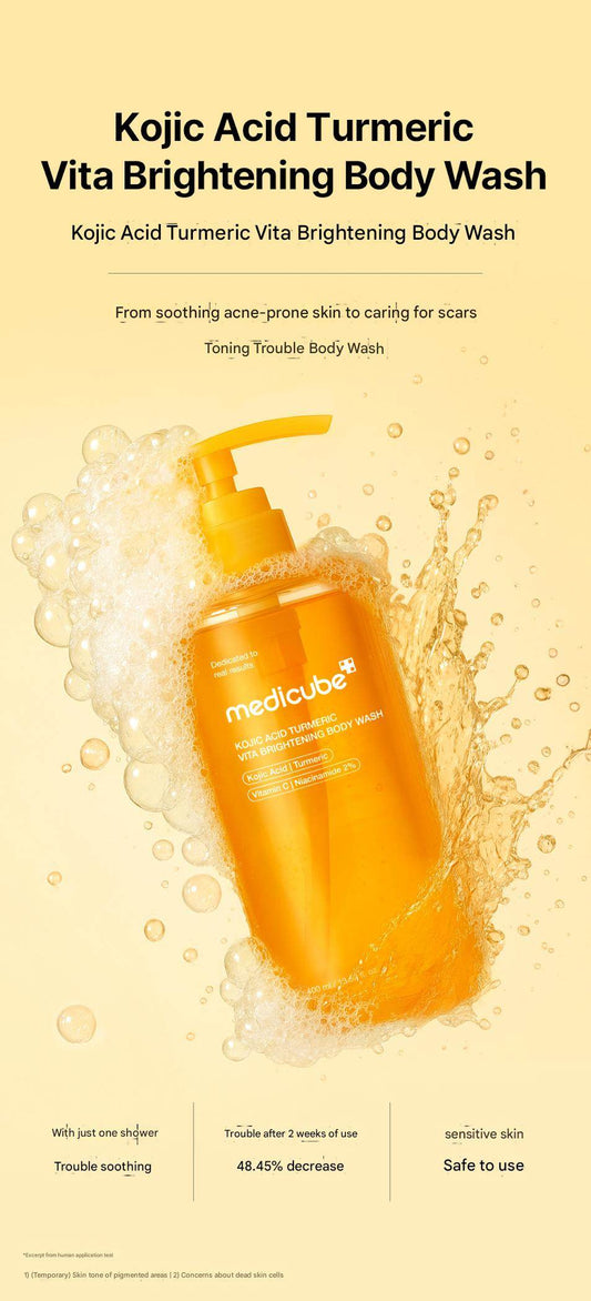 Medicube Kojic Acid Tumeric Vita Brightening Body Wash in 400 ml bottle, showing the clear liquid and label on the bottle.
