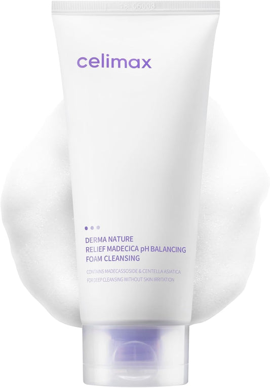 Celimax Derma Nature Relief Madecica pH Balancing Cleansing Foam, gentle face cleanser with soothing ingredients, in a white foam bottle.