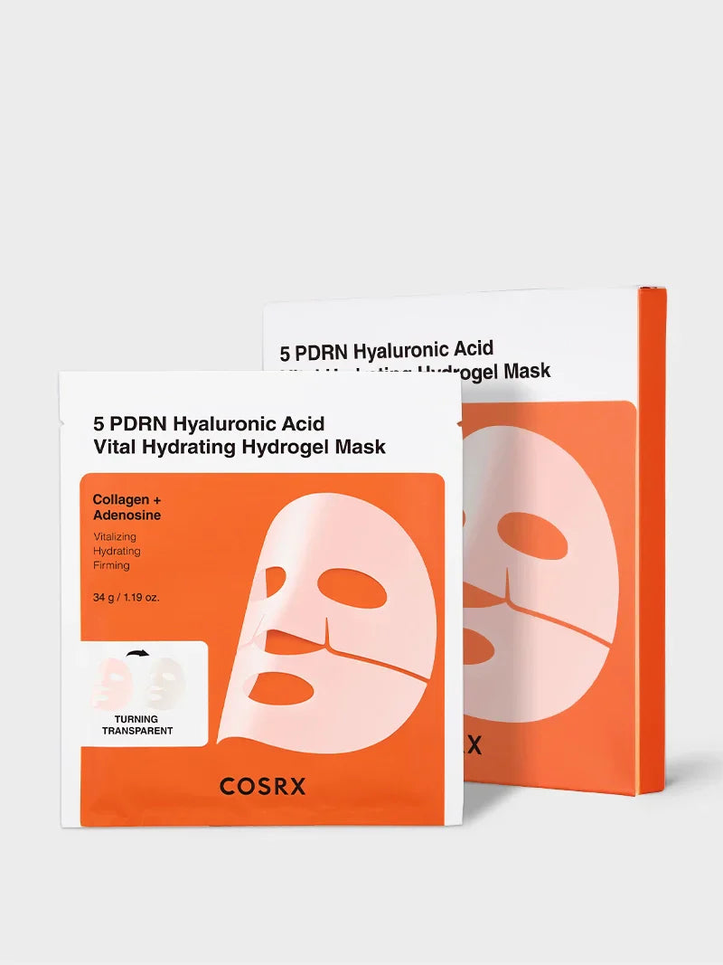 COSRX 5 PDRN Glass Skin Transformation Kit hydrogel mask showing a clear, soothing skincare sheet for glowing skin.