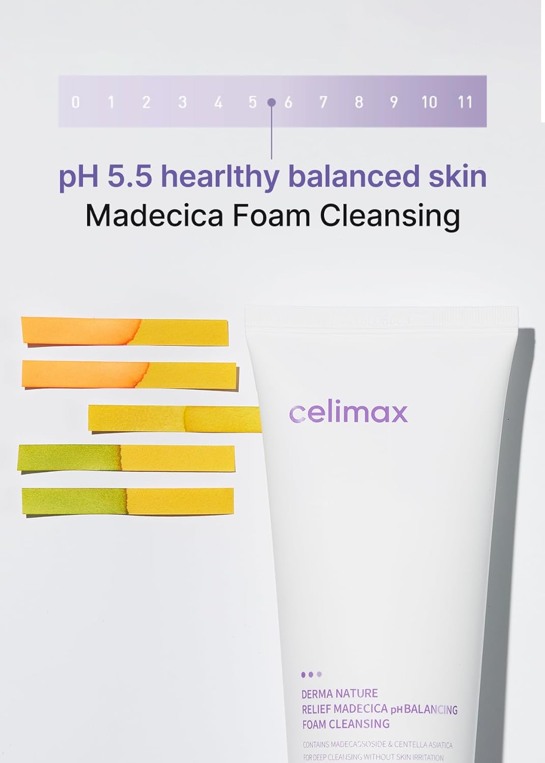 Celimax Derma Nature Relief Madecica pH Balancing Cleansing Foam showing a pump bottle with foam and natural ingredients on the label.