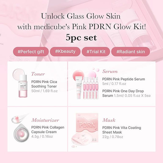 Medicube PDRN Glow Kit for skincare, featuring various cream and serum containers in a clean, elegant setup for radiant skin.