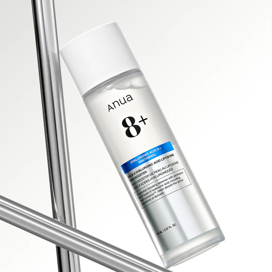 ANUA 8 Hyaluronic Acid Liposome Skin Booster in a 150 ml bottle, featuring clear liquid with a white pump dispenser.