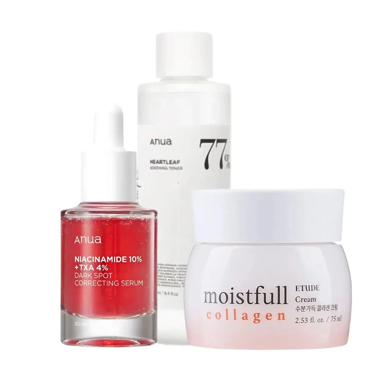 ANUA Niacinamide, Soothing Toner and Etude Moistfull Collagen ANUA + ETUDE