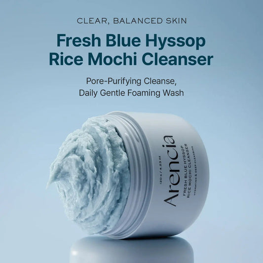Blue Hyssop rice mochi face cleanser by ARENCIA, gentle skincare product in a sleek blue bottle with a pump dispenser.
