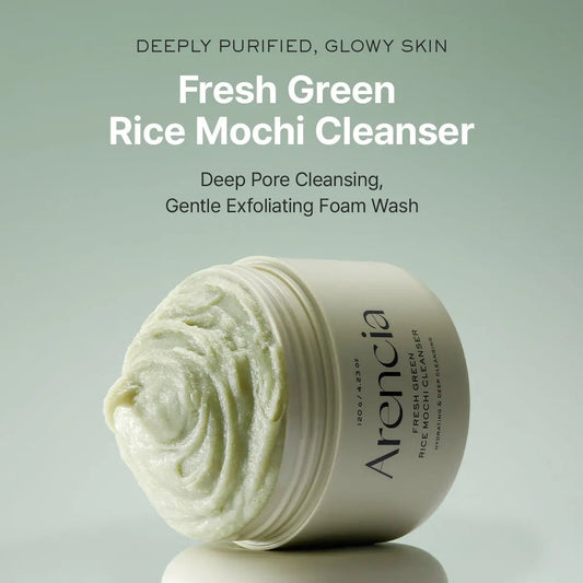 Arencia Fresh Green Rice Mochi Cleanser bottle with green label and pump dispenser, designed for gentle facial cleansing.