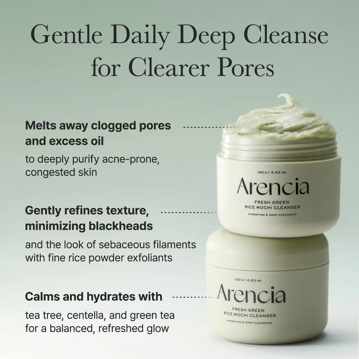 Arencia Fresh Green Rice Mochi Cleanser bottle with green and white packaging, featuring rice mochi ingredients for gentle cleansing.