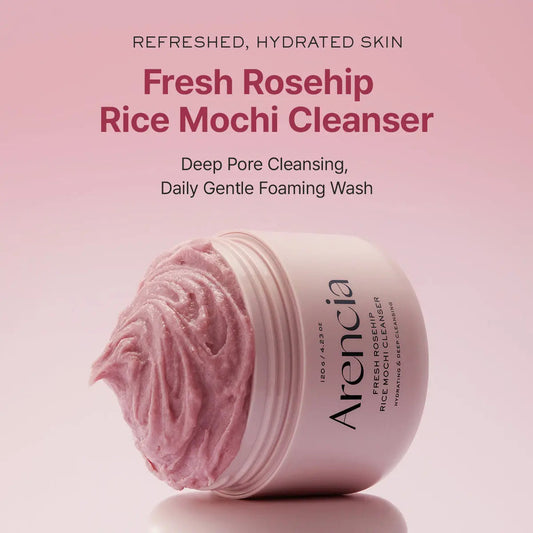 ARENCIA Arencia Fresh Rosehip Mochi Cleanser in a clear pump bottle, featuring rosehip extract for gentle facial cleansing.