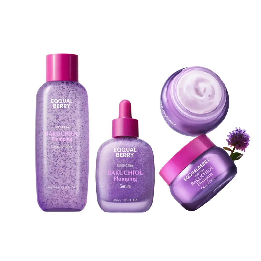 EQQUALBERRY Bakuchiol plumping skincare set with serums and creams, displayed on a white background.
