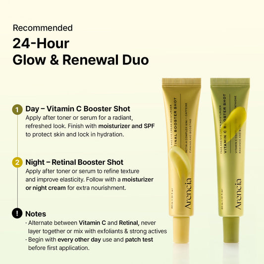 ARENCIA Booster Shot and Vitamin C skin renewal duo with retinal, featuring two skincare products in sleek packaging.