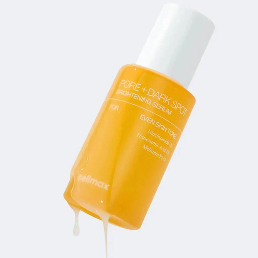 Celimax Pore Dark Spot Brightening Serum bottle with dropper, showcasing clear packaging and product label on a white background.