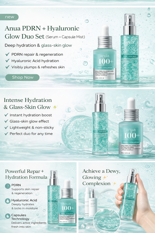 ANUA PDRN and Hyaluronic Glow Duo Set featuring skincare products with hydrating and rejuvenating ingredients.