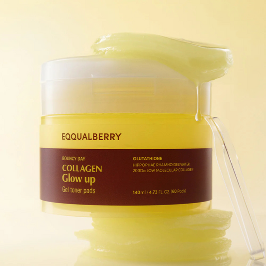 EQQUALBERRY Collagen Glow Up Gel Toner Pads, 60 soft pads with collagen for brightening and hydrating skin.