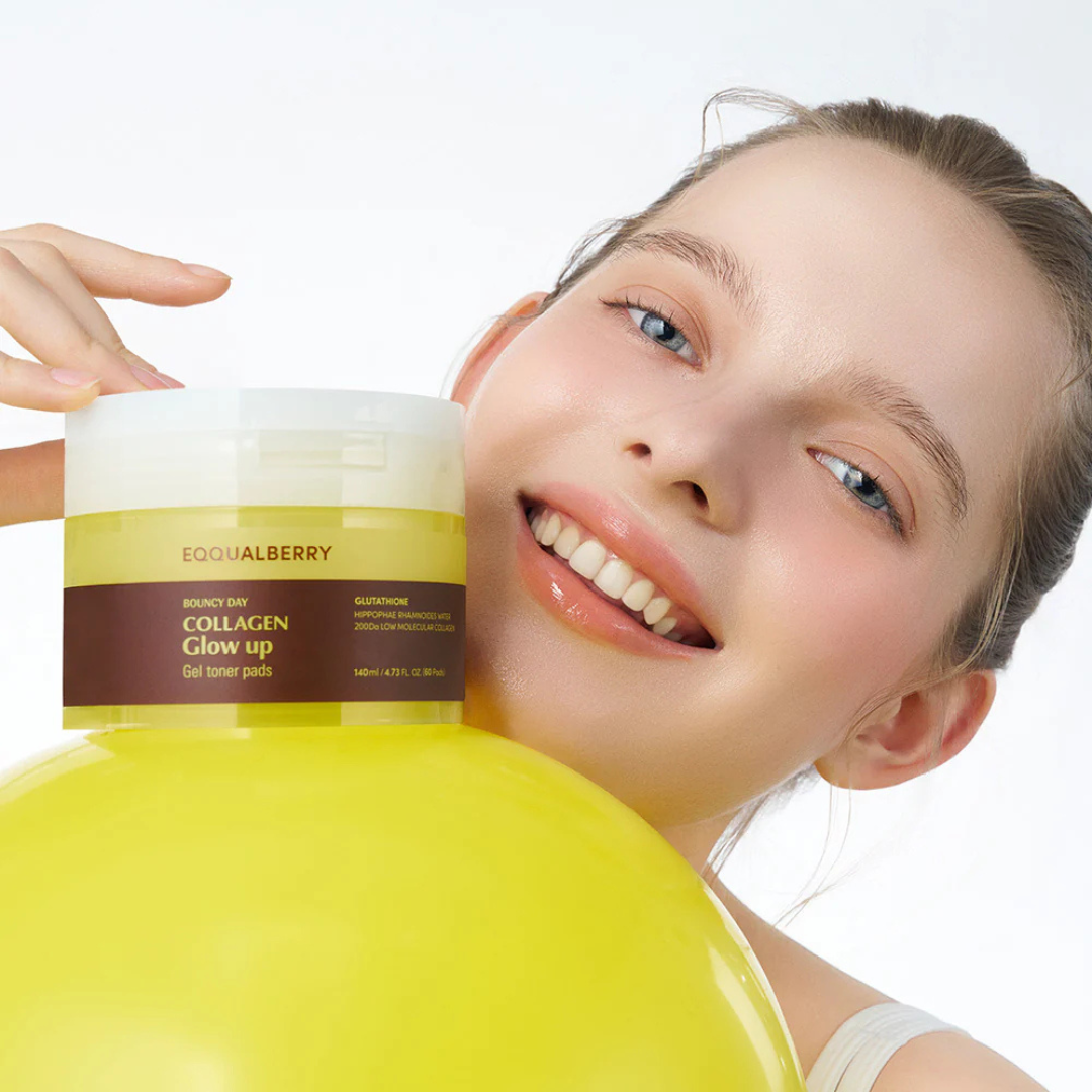 EQQUALBERRY Collagen Glow Up Gel Toner Pads, 60 soft pads in a clear container, designed for skincare and facial toning.