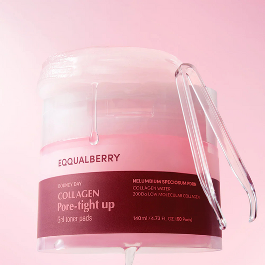 EQQUALBERRY Collagen Pore-Tight Up Gel Toner Pads, 60 soft cotton pads with gel formula for tightening pores and hydrating skin.
