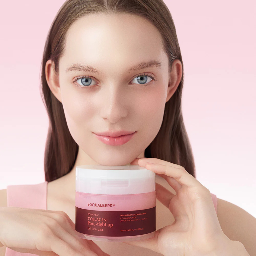 EQQUALBERRY collagen pore-tight gel toner pads, 60 soft pads for smooth, refreshed skin and improved pore appearance.