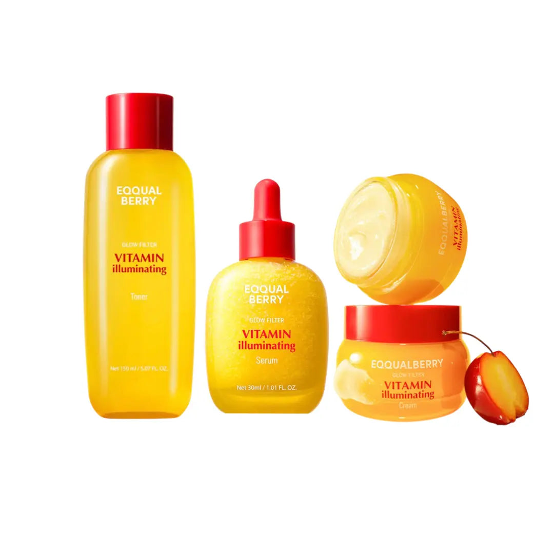 EQQUALBERRY Glow Filter Vitamin Illuminating 3-step skincare set with bottles and jars, featuring vibrant packaging and skincare products.