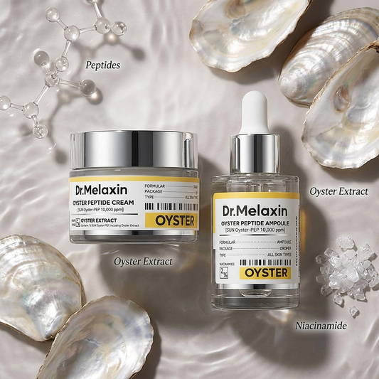 Dr.Melaxin Oyster Peptide Skin Renewal Set with skincare bottles and jars, featuring elegant packaging for youthful skin.