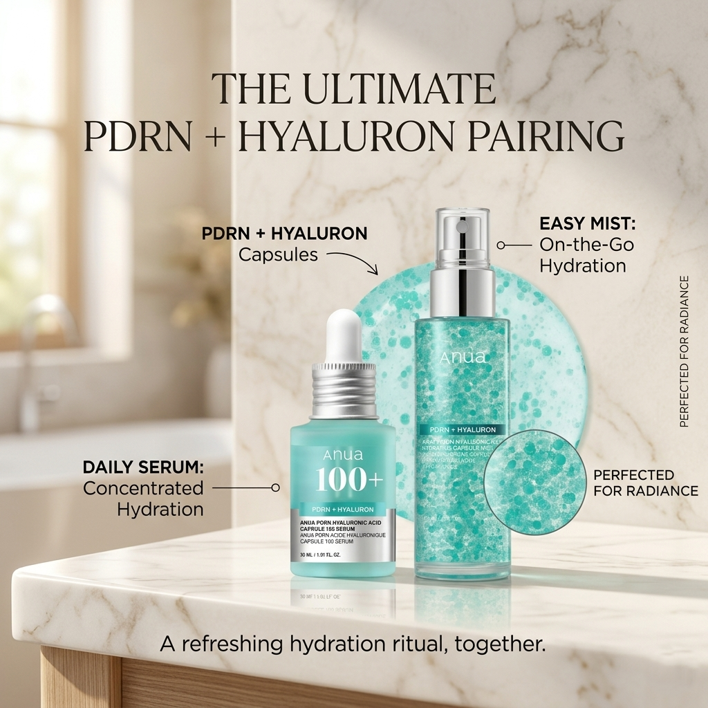 ANUA PDRN and Hyaluronic Glow Duo Set featuring skincare products with brightening and hydrating formulas.