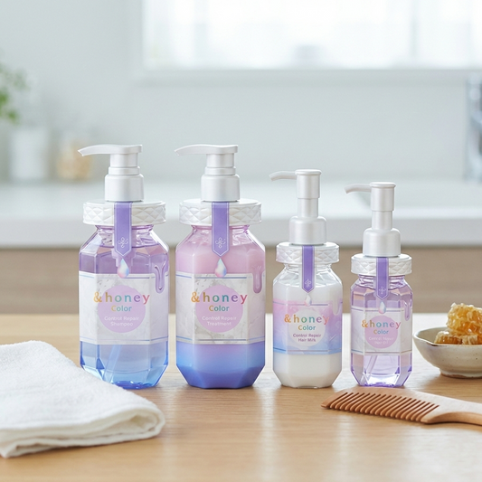 Set of four & Honey Color Control Repair Ultimate Protection hair care products with sleek packaging and vibrant labels.