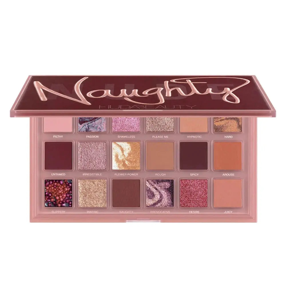 Huda Beauty Naughty Nude eyeshadow palette with neutral and nude shades in a sleek compact, featuring diverse matte and shimmer finishes.