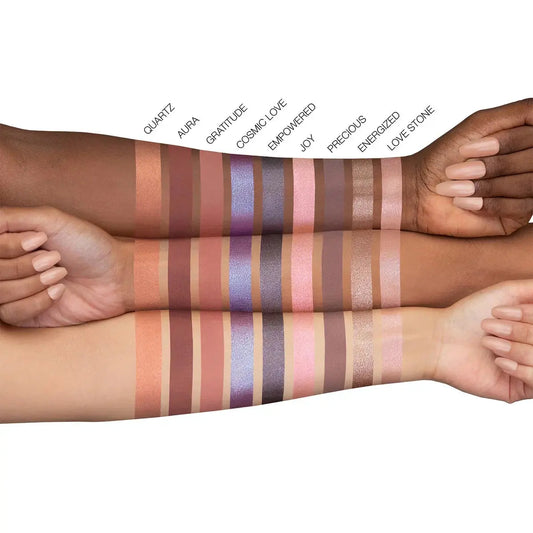 Huda Beauty Rose Quartz Eyeshadow Palette with pink and neutral eyeshadow shades in a sleek compact.