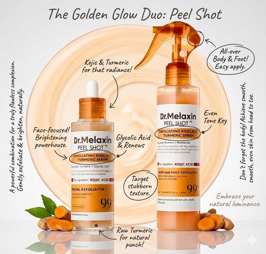 Dr.Melaxin Radiant Glow Duo Peeling Kit featuring exfoliating and brightening skincare products in white and rose packaging.