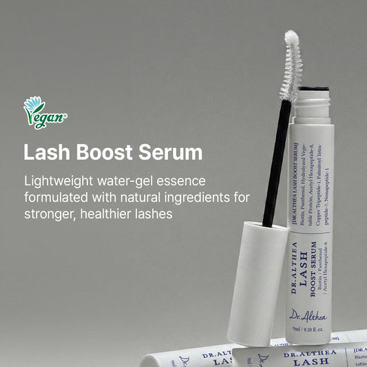 DR ALTHEA Lash Boost Serum bottle with applicator brush, designed to enhance and strengthen natural eyelashes.