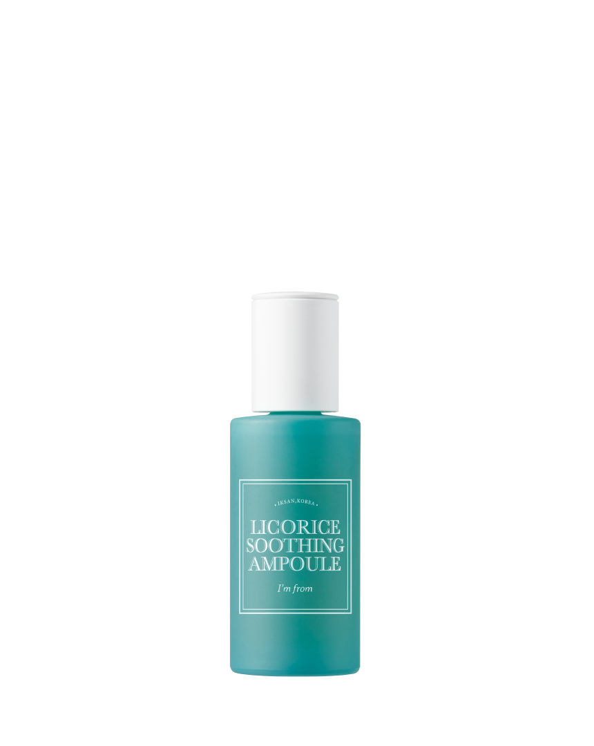 I'M FROM Licorice Soothing Ampoule serum in a clear glass bottle with a white dropper cap, designed for calming skincare.