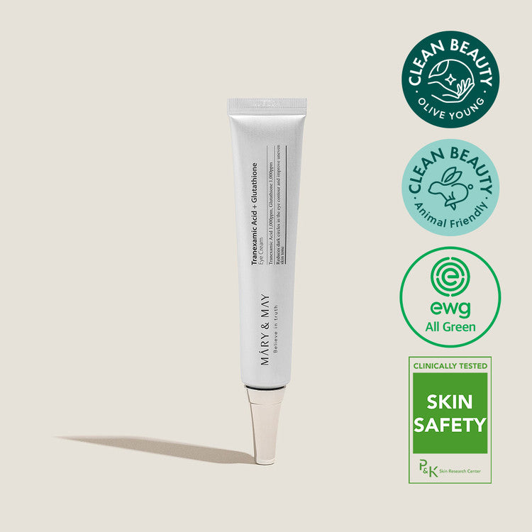 Mary & May Tranexamic Acid and Glutathione Eye Cream in a 30ml jar with two free mini eye creams, for under eye care.