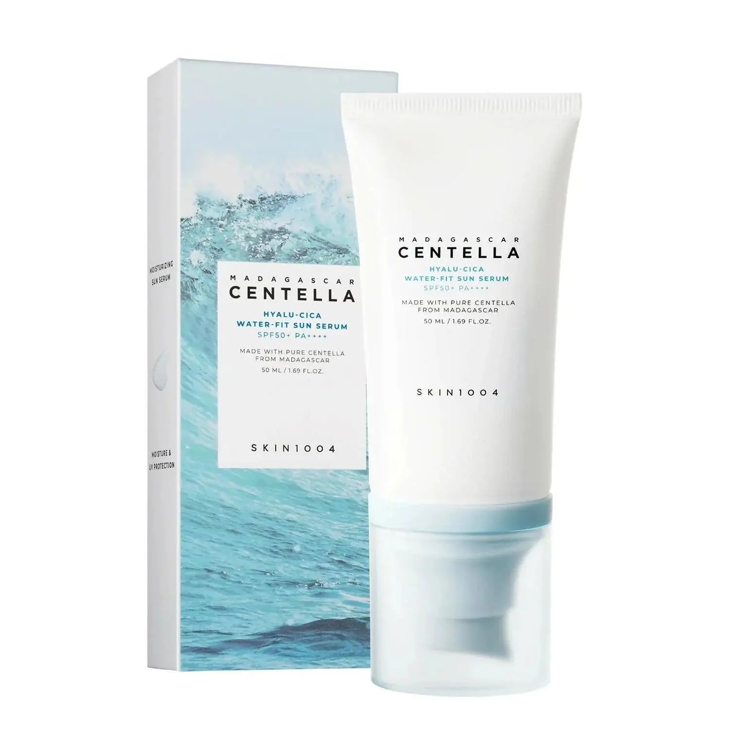 SKIN 1004 Madagascar Centella Hyalu-Cica Water-Fit Sun Serum SPF50+ PA++++ in 50ml bottle, lightweight and hydrating sun protection.