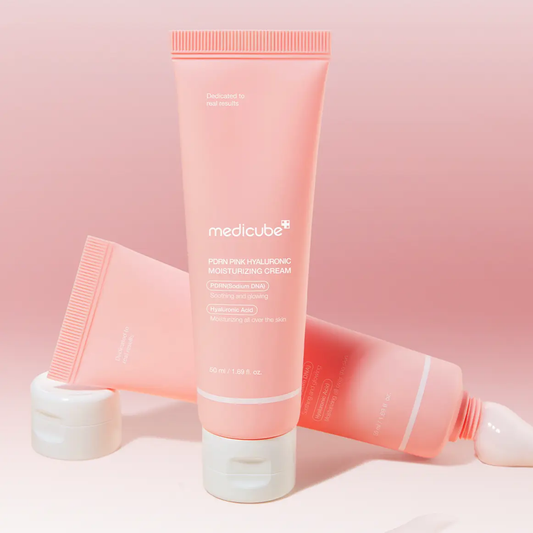 Medicube PDRN Pink Hyaluronic Moisturizing Cream in a 50ml jar, featuring a pink label, designed for deep hydration and skin renewal.