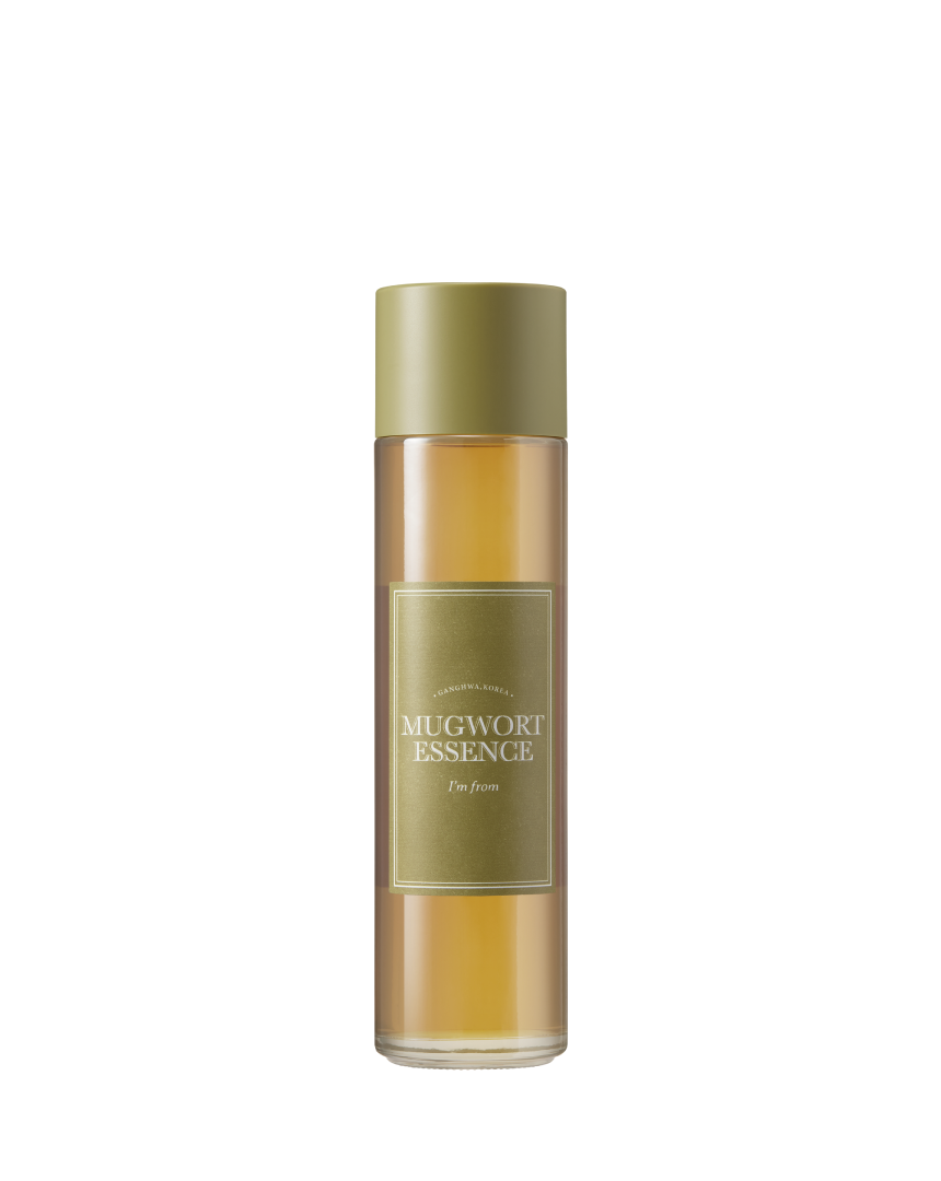I'M FROM Mugwort Essence toner in a clear bottle with a white label, featuring a light green liquid inside.