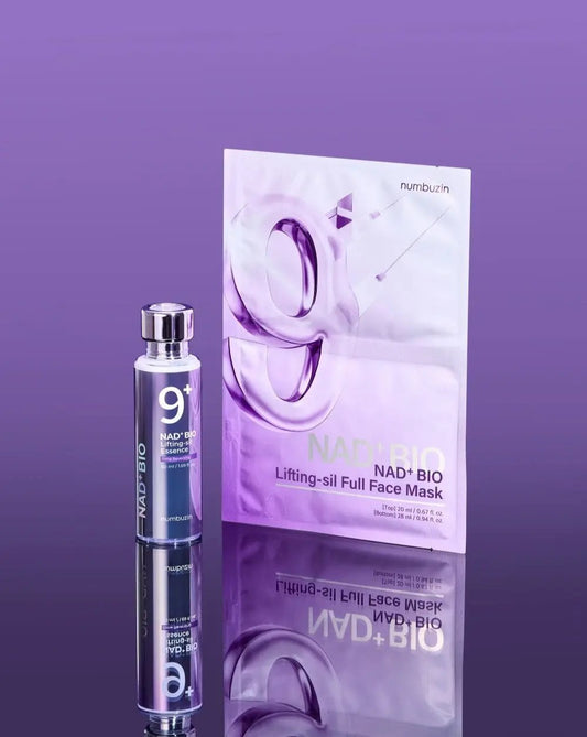 Numbuzin No.9 Lifting Duo skincare set with serum and moisturizer, featuring sleek packaging and applicators.