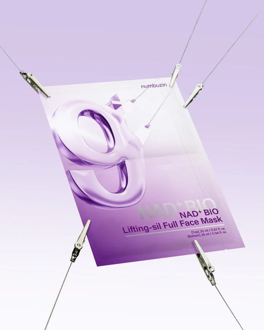numbuzin No.9 NAD+ BIO Lifting-sil full face mask with 4 sheets and lifting band, designed for skincare and facial rejuvenation