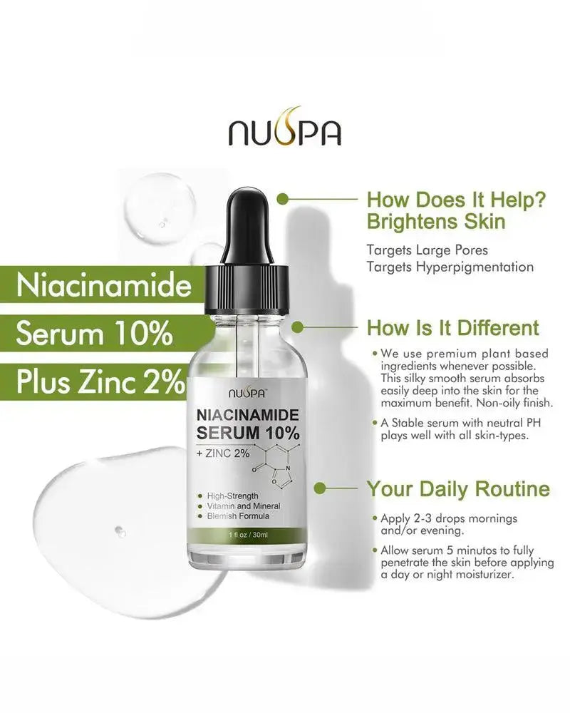 Nuspa Niacinamide Serum 10% for Circles Age Spots Pore Cleanser Acne Scars Sun Damage Corrector Plump Skin Organic Anti Aging Serum - DOKAN