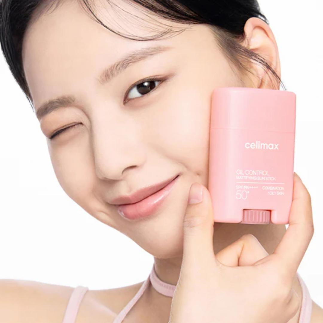 Celimax Oil Control Mattifying Sun Stick 19g, showing the compact stick with SPF protection and oil-absorbing matte finish.