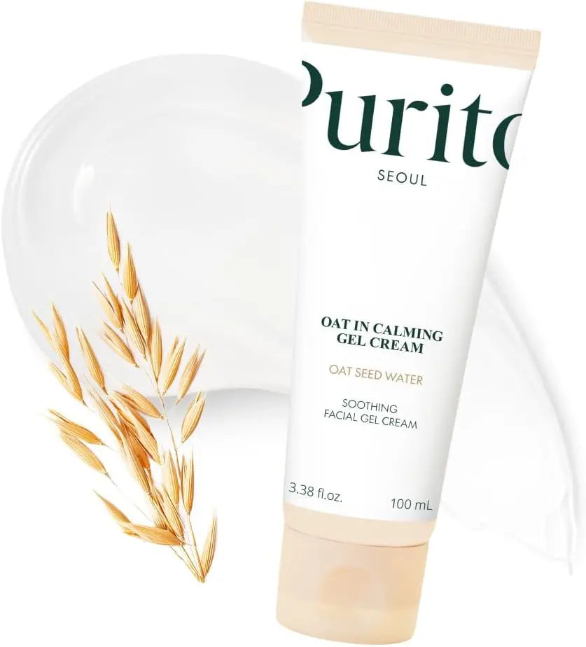 PURITO Oat-in Calming Gel Cream in a white jar with green accents, designed for soothing and hydrating skin.