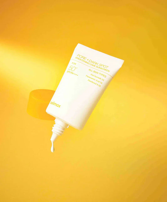 Celimax Pore+Dark Spot Brightening Sunscreen tube with SPF protection and skin brightening ingredients.