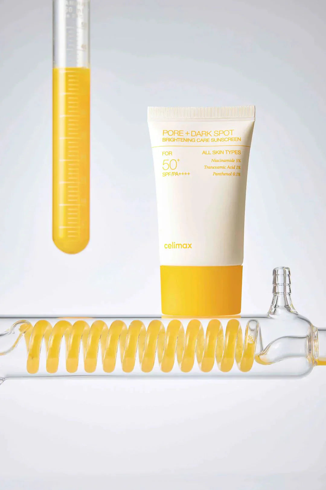 Celimax Pore+Dark Spot Brightening Care Sunscreen bottle with SPF protection and brightening ingredients.