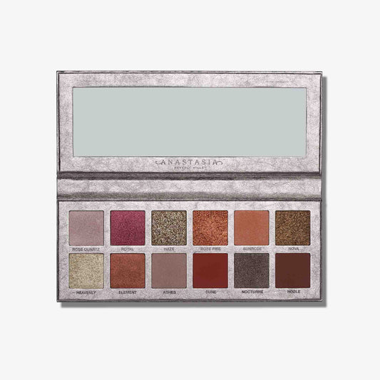 Anastasia Beverly Hills Rose Metals Palette with eyeshadows in rose and metallic shades, arranged in a sleek rectangular palette.