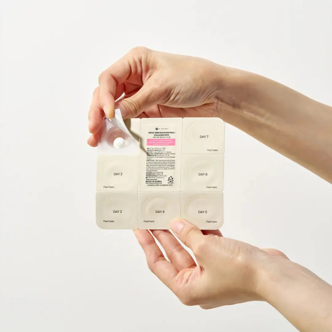 K-Secret Seoul 1988 Boosting Ball with 100% collagen capsules, showing 7 capsules in a clear container on a white background.