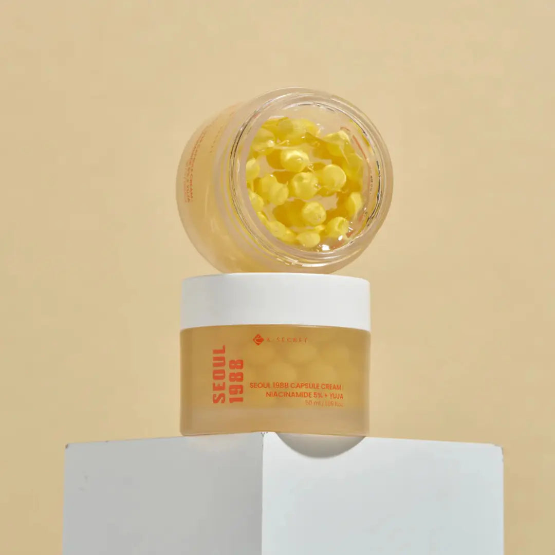 K-Secret SEOUL 1988 Capsule Cream with Niacinamide 5% and Yuja in a 50ml jar, featuring brightening skincare ingredients.