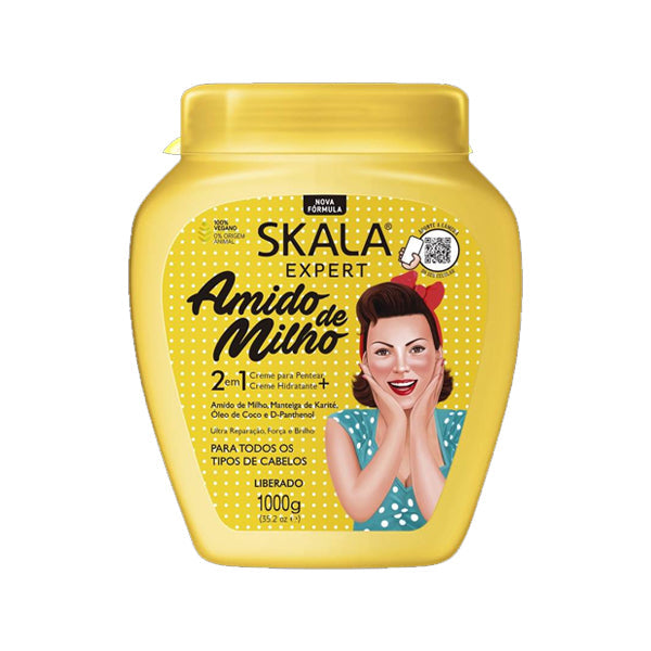 Creamy Skala Corn Starch Hair Mask in a 1000g jar, featuring a smooth, white texture for nourishing hair care.
