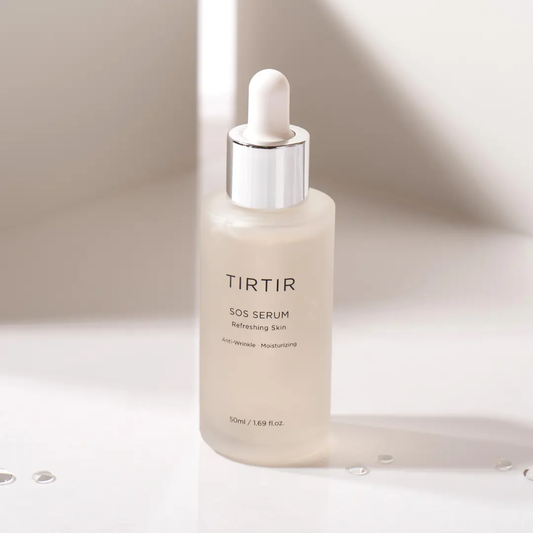 TIRTIR SOS Serum 50ml in a clear glass bottle with a pump dispenser, designed for skincare nourishment and hydration.