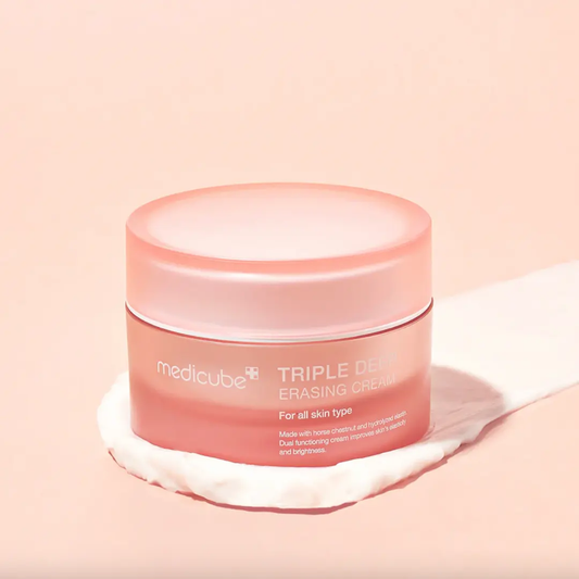 Medicube Triple Collagen Cream in a 50ml jar, showing the smooth cream texture and product packaging.