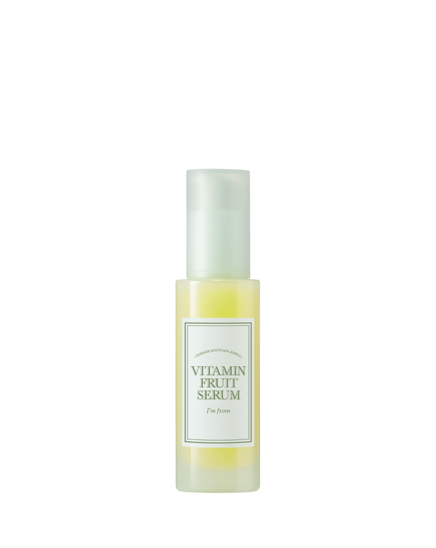 I'M FROM Vitamin Fruit Serum ampoule with vibrant citrus and berry extracts, showcasing a glass bottle with dropper.