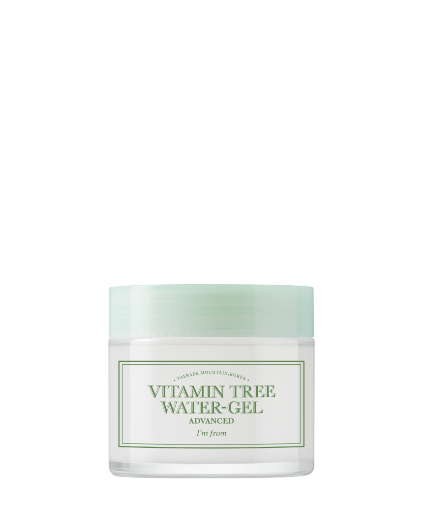 I'M FROM Vitamin Tree Water Gel Advanced moisturizer in a clear jar with a white lid, showcasing fresh, hydrating cream for the skin.